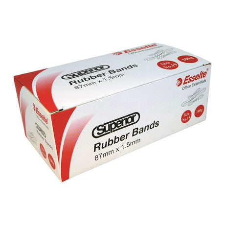 Esselte Superior Rubberbands Size 32 in 100g box, durable natural rubber bands for organizing and bundling items efficiently.