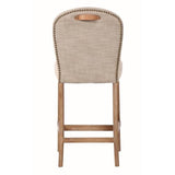 AMBERLEY FABRIC BENCH HEIGHT BARSTOOL W/ LEATHER HANDLE & STUDS