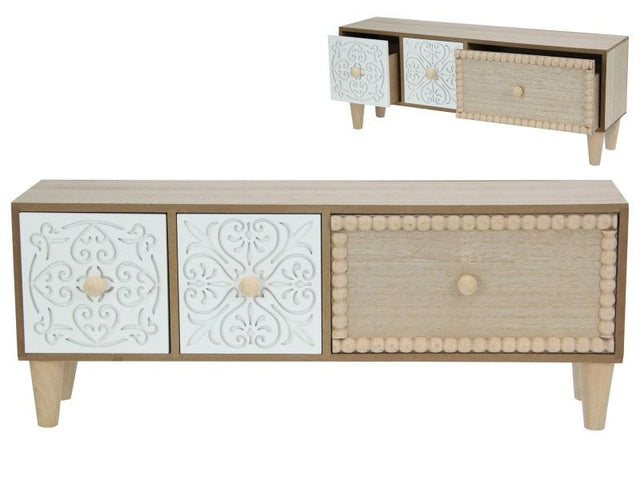 Stylish 42cm cabinet with decorative beads, three drawers for storage, and sleek legs, perfect for small spaces.