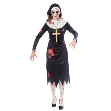 A haunting women's zombie nun costume with a flowing black dress, tattered hem, headpiece, and cross necklace for Halloween.