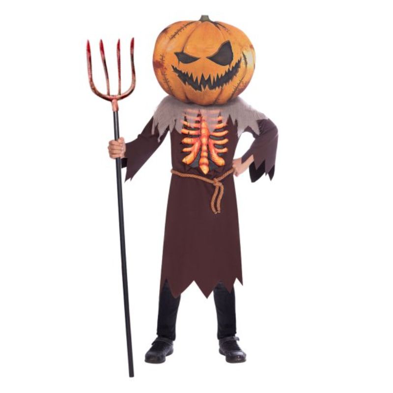 Scary Pumpkin costume for kids 10-12, featuring vibrant robe, foam chest, and detailed mask for a spooky Halloween look.