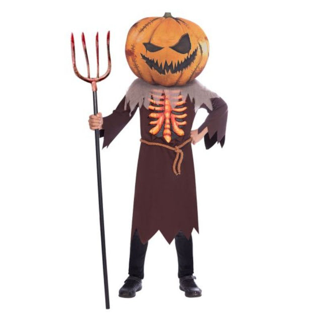 Scary Pumpkin costume for kids 10-12, featuring vibrant robe, foam chest, and detailed mask for a spooky Halloween look.