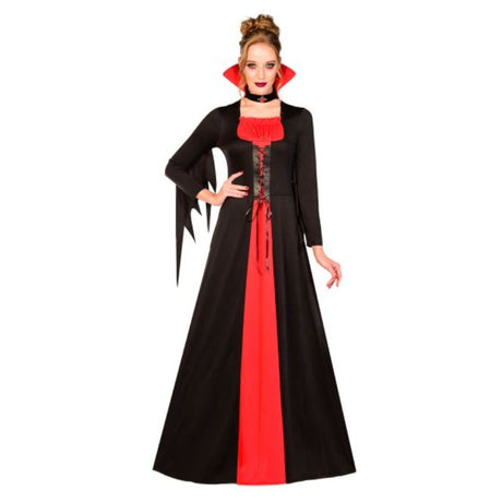 Elegant women's vampire costume in size 20-22 featuring a regal collar, choker, and a flattering fit for curvy figures.