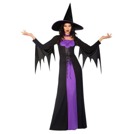 Plus-size women's witch costume size 26-28 with black dress, choker, and hat for Halloween festivities.