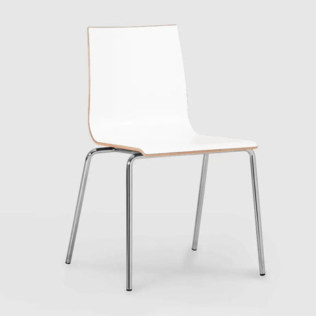 Ply Chair with White Finish featuring sleek plywood design, stackable functionality, and chrome steel frame for modern spaces.