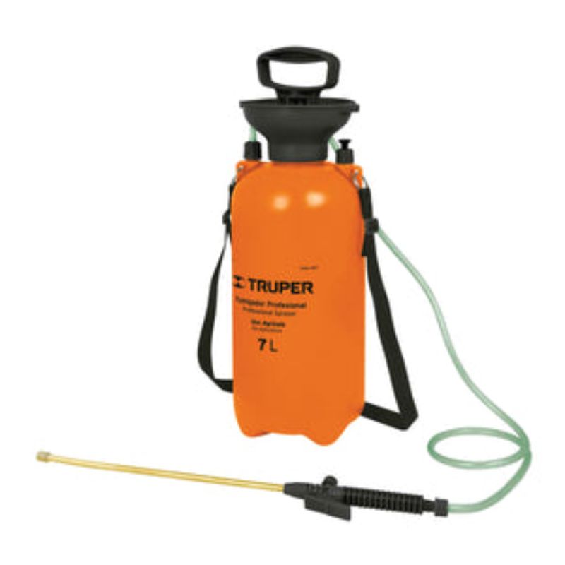 Garden Pressure Sprayer 7 Litre Truper with adjustable nozzles, funnel top, and reinforced hose for easy, efficient spraying.