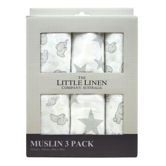 Little Linen Muslin 3pk - Mint Elephant - Little Linen