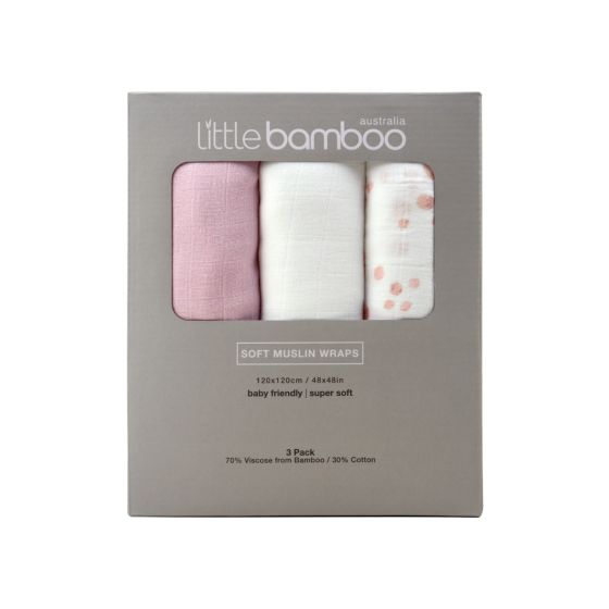 Little Bamboo Muslin Wraps 3pk - Dusty Pink - Little Bamboo