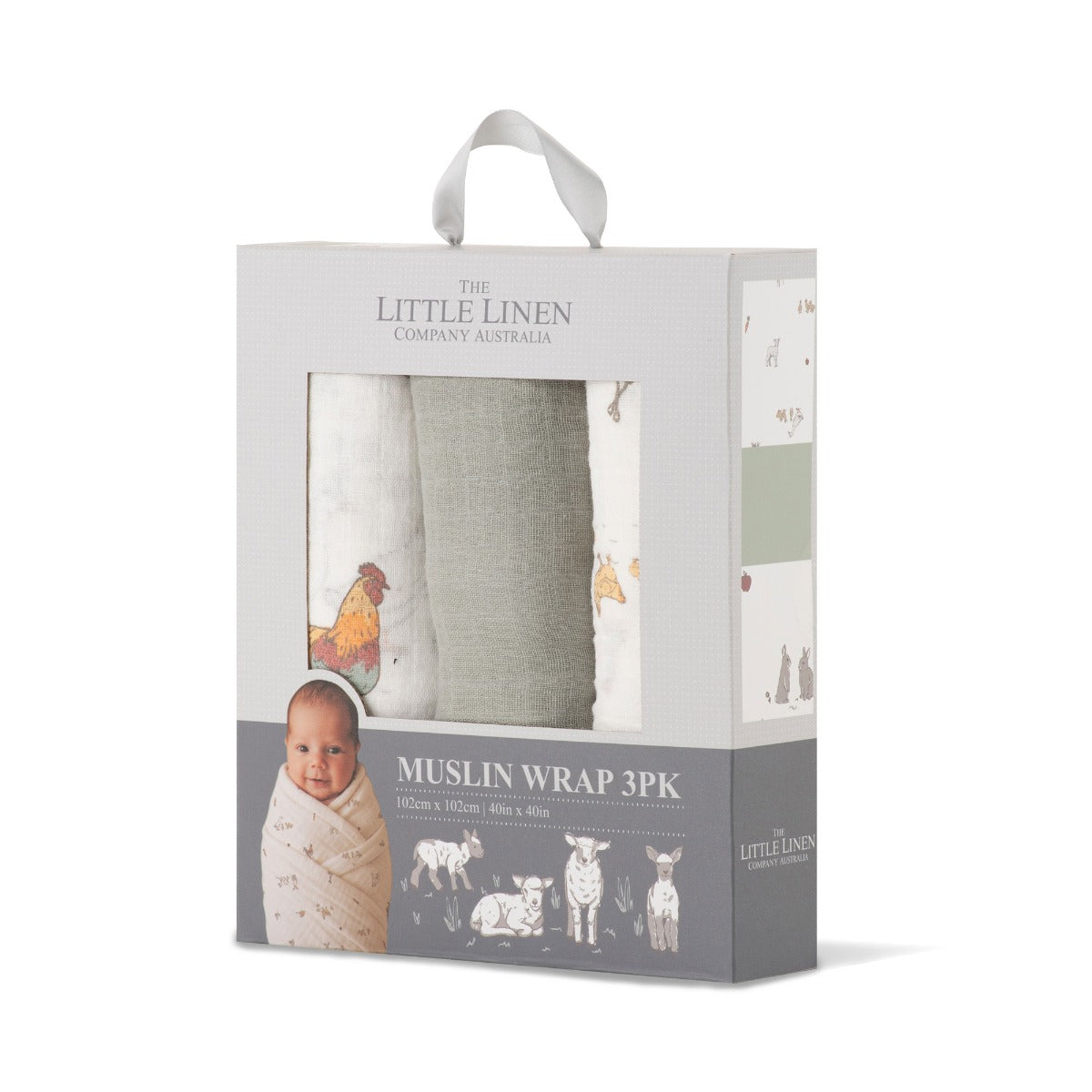 Little Linen Muslin Wraps 3Pk - Farmyard Lamb