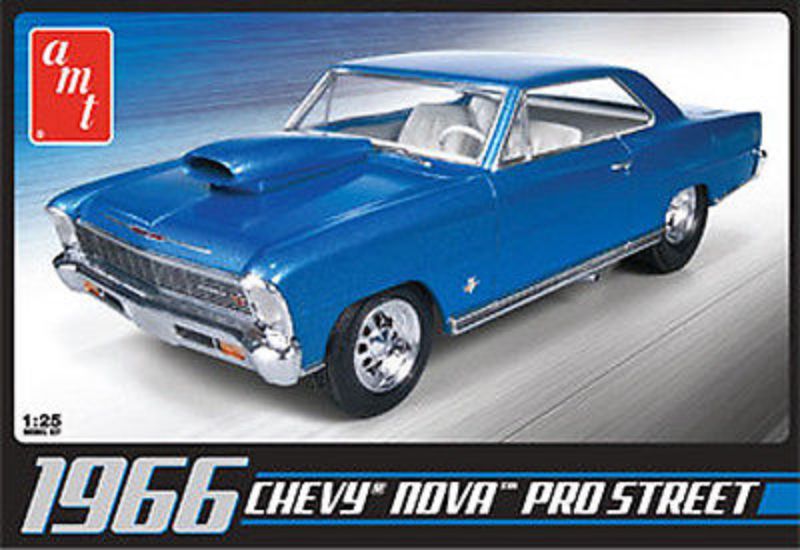 1/25 scale unassembled plastic kit of a 1966 Chevy Nova Pro Street by AMT, requires glue and paint for assembly.