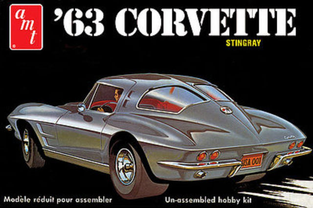 1/25 scale unassembled plastic kit of a 1963 Chevrolet Corvette by AMT, requiring glue and paint to complete.