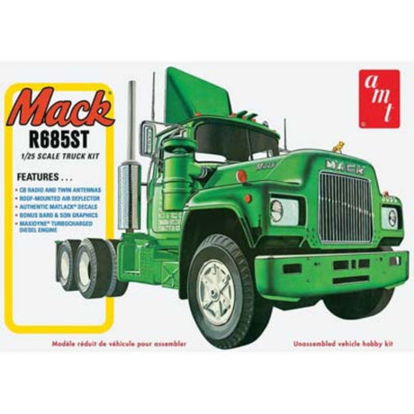 Model kit of the 1/25 Mack R685ST Truck by AMT, featuring detailed components for an engaging building experience.