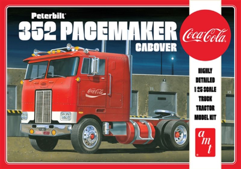 Alt text: "Unassembled 1/25 scale plastic model kit of a Coca Cola Peterbilt 352 delivery truck, ideal for hobbyists."