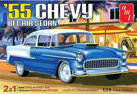 1/25 scale unassembled model kit of a 1955 Chevy Bel Air Sedan, featuring classic design and intricate details for builders.