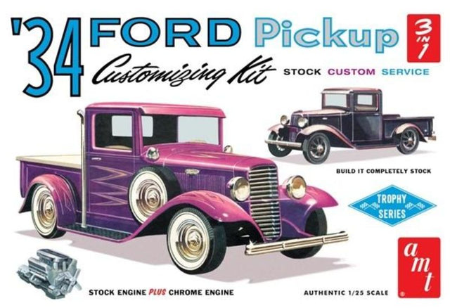 Detailed unassembled model kit of a 1/25 scale 1934 Ford Pickup, perfect for hobbyists aged 10 and up.