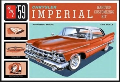 1/25 scale unassembled plastic kitset of a 1959 Chrysler Imperial by AMT, requiring glue and paint for assembly.