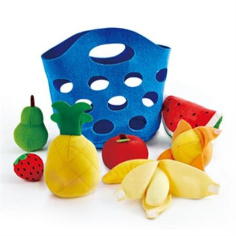 Soft felt fruit basket for toddlers, featuring seven vibrant fruits like banana and orange for imaginative play and learning.