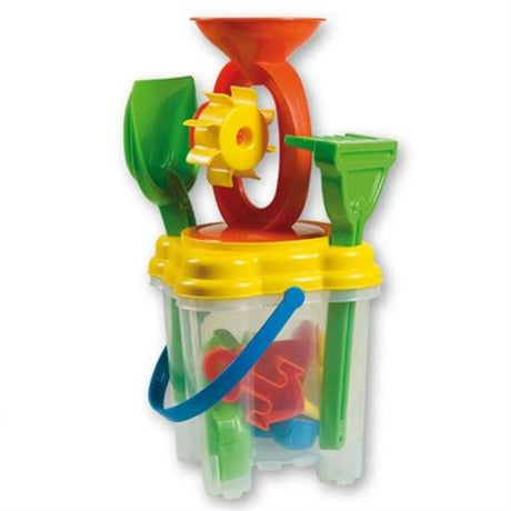 Colorful Summertime Square Transparent Bucket Set with 4 toys for beach play, perfect for kids 12 months and up.