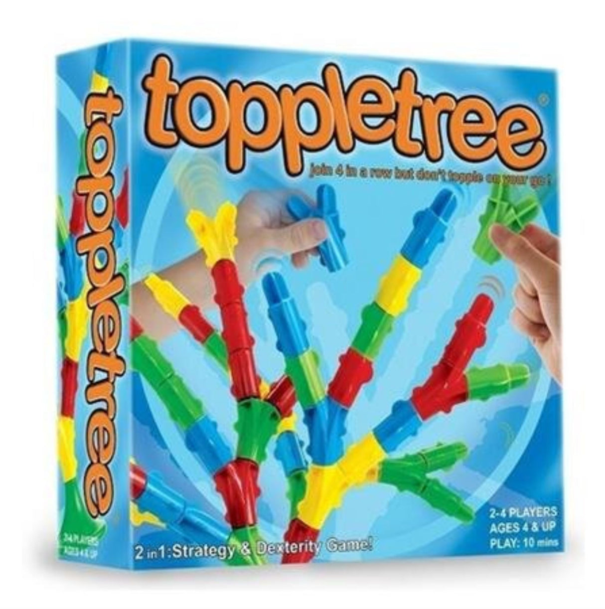 Colorful Toppletree game featuring a green base and vibrant stacking pieces, combining strategy and fun for 2-4 players.