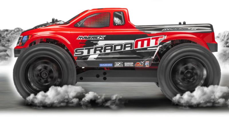 Maverick 1/10 BL Strada MT Monster Truck with brushless motor, waterproof ESC, and independent suspension for rugged performance.