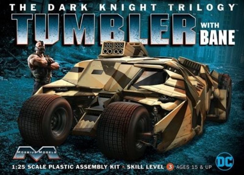 Model kit of the 1/25 Dark Knight Tumbler from Moebius Models, includes detailed components and a Bane figure.