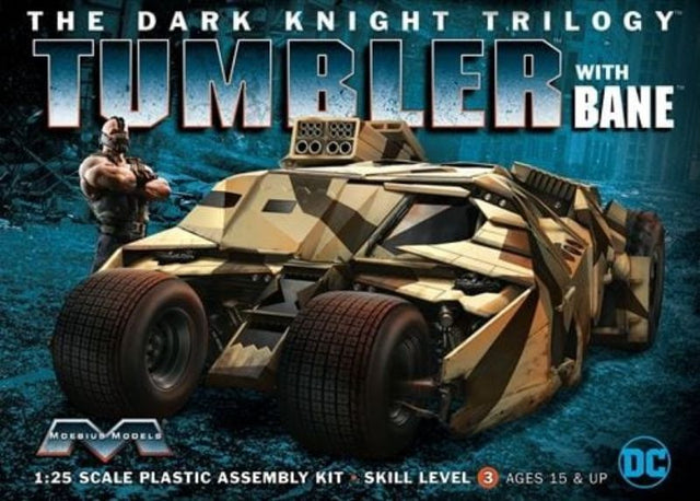 Model kit of the 1/25 Dark Knight Tumbler from Moebius Models, includes detailed components and a Bane figure.