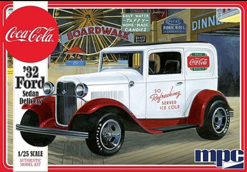 Detailed model kit of a 1/25 scale 1932 Ford Sedan featuring a classic Coca Cola design, perfect for hobbyists.