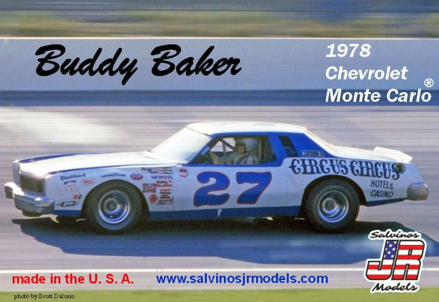 Alt text: Unassembled model kit of the 1978 Chevrolet Monte Carlo #27 driven by Buddy Baker, perfect for collectors and hobbyists.