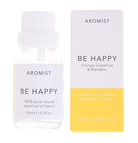 Aromist Be Happy Essential Oil Set of 6 x 15ml bottles, featuring uplifting scents for mood enhancement and tranquility.