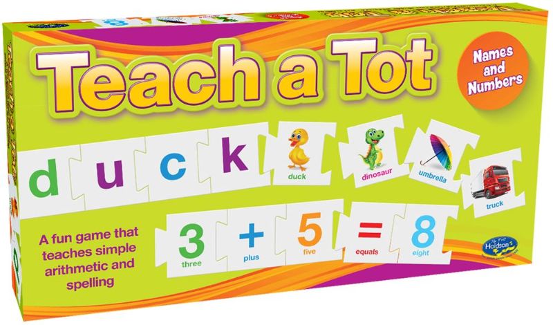 Engaging 'Teach a Tot' game with 144 interlocking pieces for learning arithmetic and spelling, perfect for kids 3+.