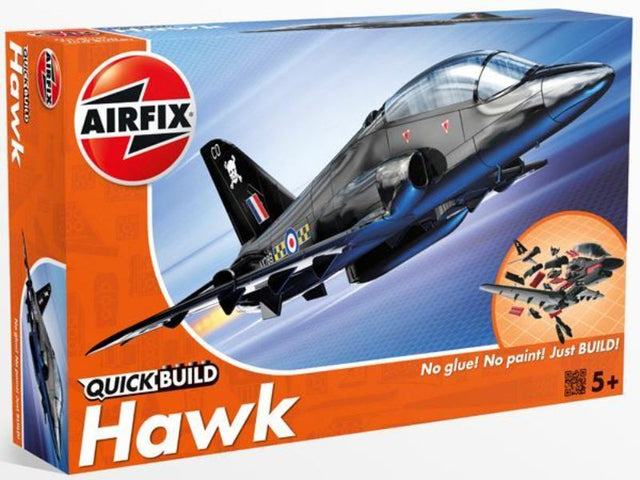 Airfix Quickbuild BAE Hawk model kit featuring an all-black jet trainer design with 26 parts and a display stand.