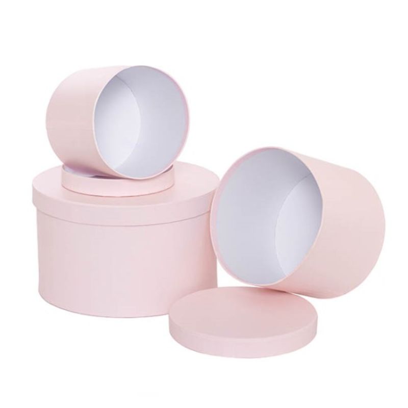 Round baby pink gift box set of 3 in varying sizes, perfect for birthdays and baby showers, made from eco-friendly materials.