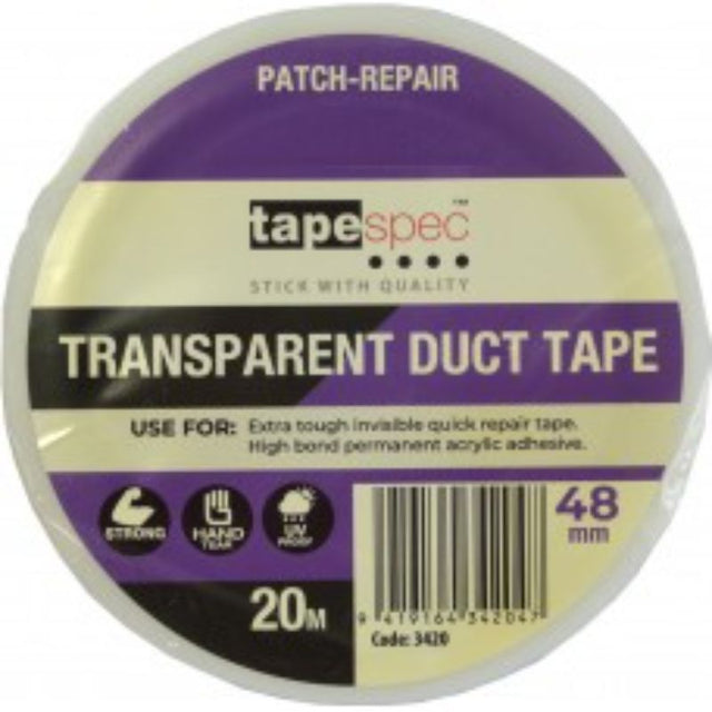 Transparent cloth duct tape, 48mm x 20m, versatile for repairs and sealing.