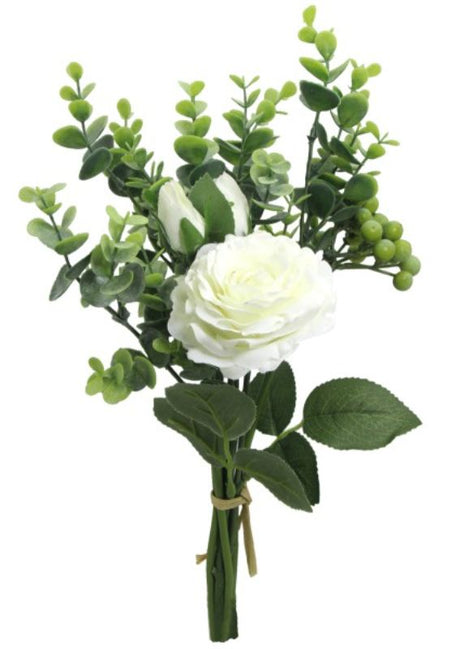 Stunning 37cm artificial rose bouquet with realistic blooms, berries, and eucalyptus, perfect for elegant home decor.