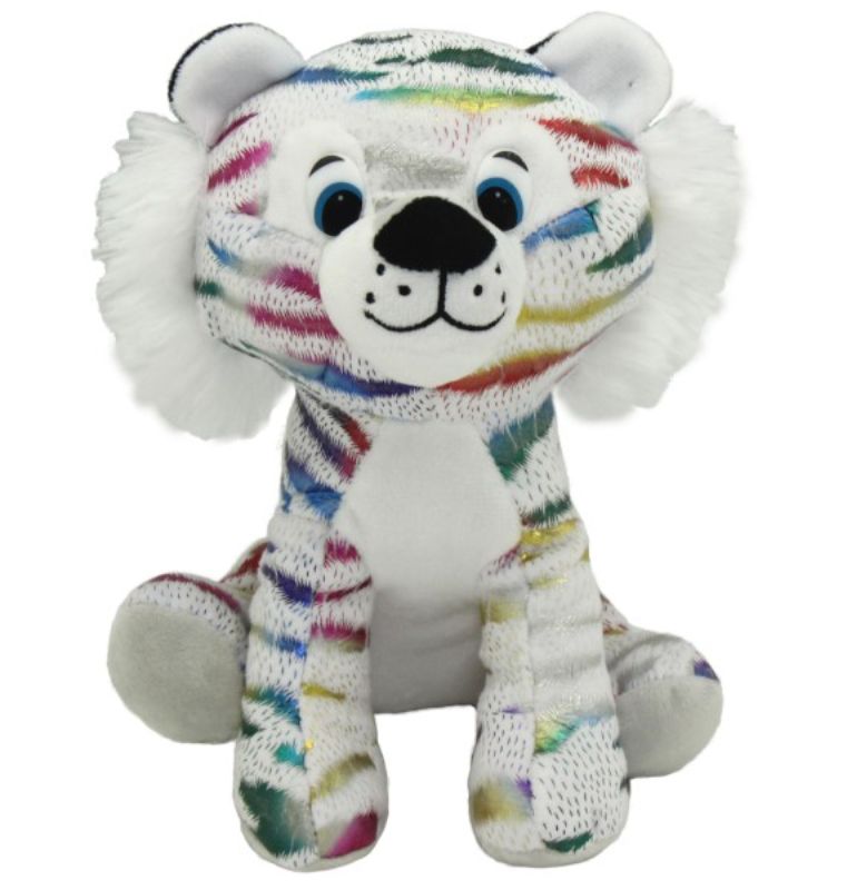 Softtoys - Animal Timmy Tiger: 21cm plush white tiger with vibrant rainbow stripes, perfect for cuddles and imaginative play.