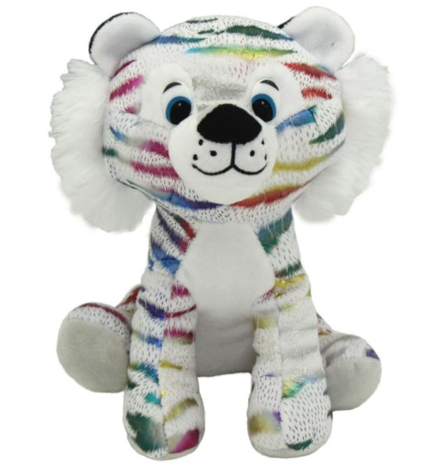 Softtoys - Animal Timmy Tiger: 21cm plush white tiger with vibrant rainbow stripes, perfect for cuddles and imaginative play.