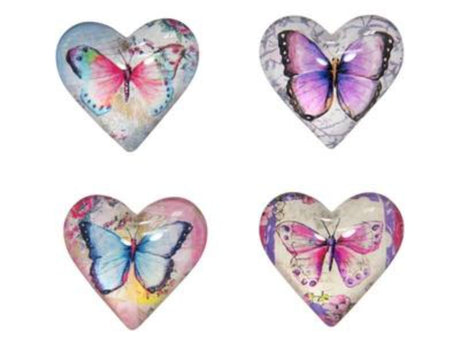 Colorful butterfly glass heart magnets, 4cm, set of 12, perfect for home decor and organizing notes.