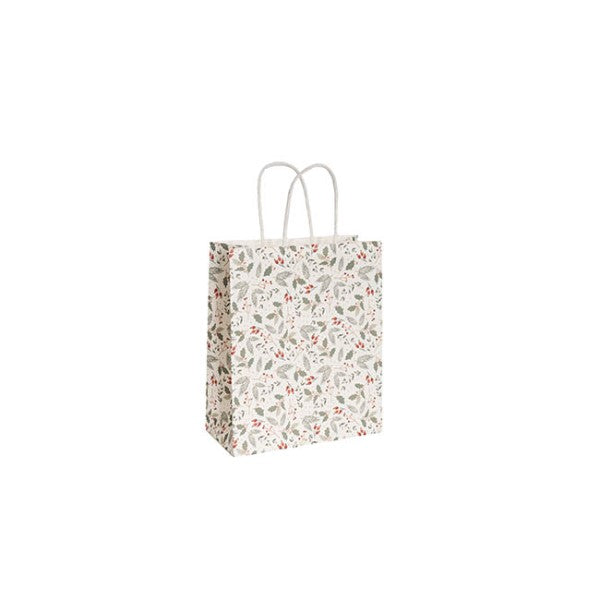 Kraft Paper Bag Small Xmas Holly White Pk10.