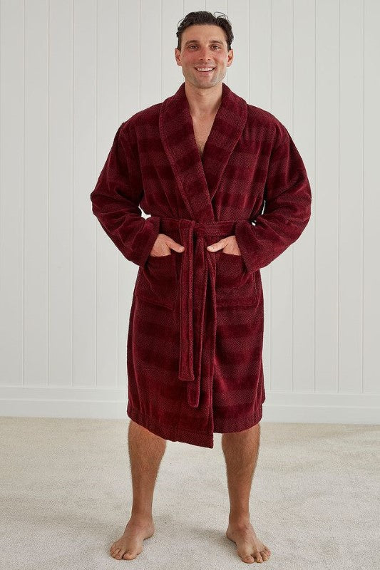 Aiden Port bathrobe in L/XL with shawl collar, pockets, and waist tie, made from certified cotton for comfort.