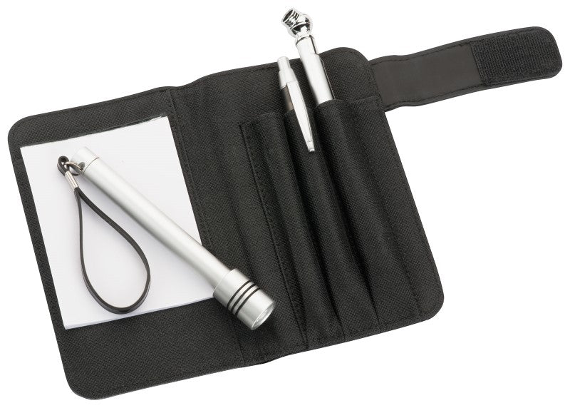 Breakdown Kit in a durable 600D polyester case with torch, tyre gauge, pen, and notepad for roadside emergencies.