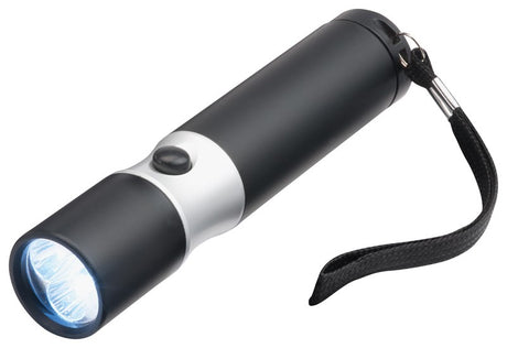 Compact LED Torch with robust Aluminium casing, 3 powerful LED globes, and included wrist strap for portability.