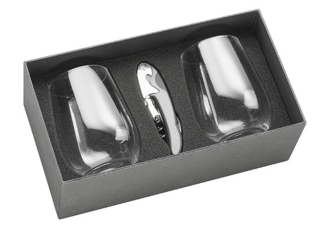 Elegant Wine Glass Set with 2 stemless glasses, 450ml capacity, and a waiter's friend, beautifully packaged for gifting.