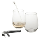Elegant stemless wine glass set for connoisseurs, includes two 450ml glasses and a waiter's friend opener in a gift box.