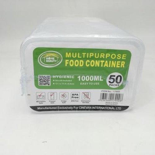 Plastic Food Container 50PK (1000 ML, 17.1*11.8*6.5cm) - Pack of 6