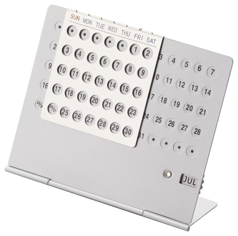 Aluminum Folding Perpetual Calendar with movable month plates, eco-friendly, folds flat for easy storage and branding.