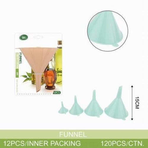 Four durable, BPA-free funnels in various sizes for spill-free pouring of liquids and dry materials; perfect for home and professional use.