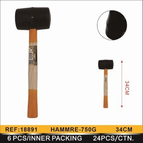 Set of 6 durable 750g rubber hammers, 34cm long, ideal for carpentry and crafting without damaging surfaces.