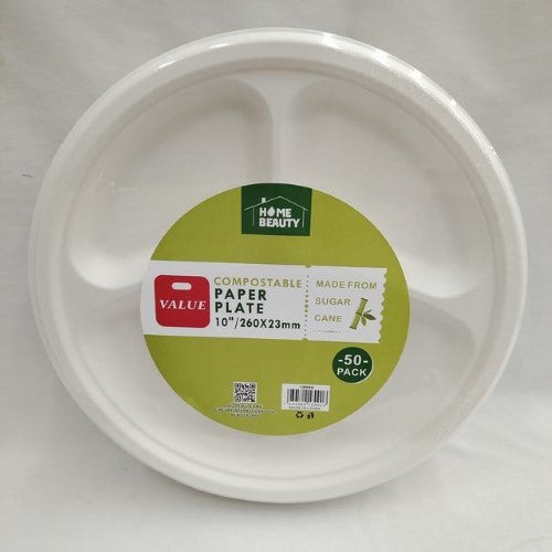 Eco-friendly 10-inch compostable plates, 50 per pack, ideal for sustainable dining and events. Perfect for hot and cold dishes.