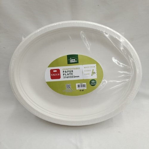 Compostable oval plates, 316x252mm, 50PCS, eco-friendly and sturdy for sustainable dining, perfect for gatherings and events.