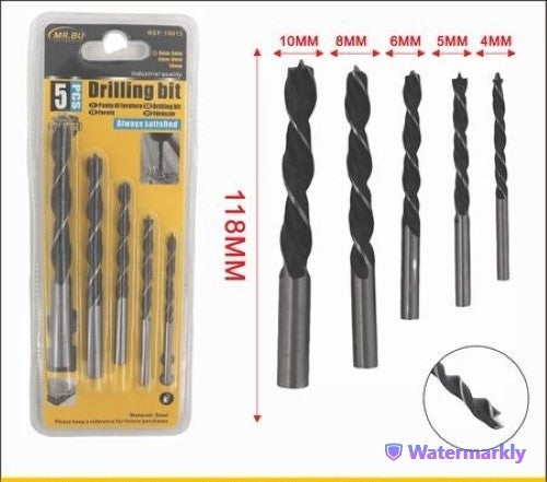 Set of 5 wood drilling bits (4-10mm) ideal for precise boring in wood, suitable for DIY and professional projects.